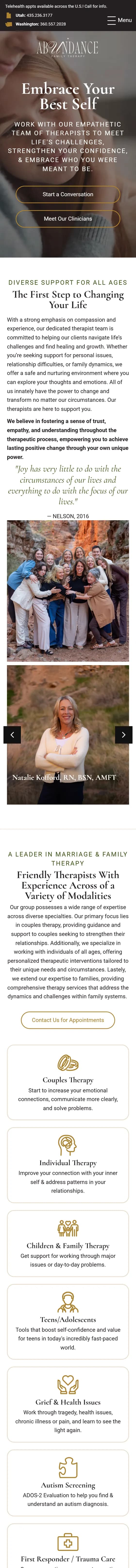Abundance Family Therapy website on mobile