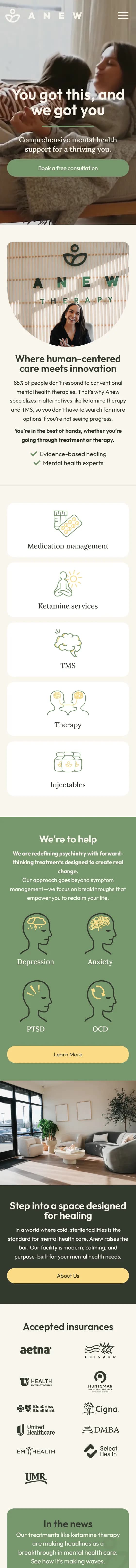 Anew Therapy website on mobile