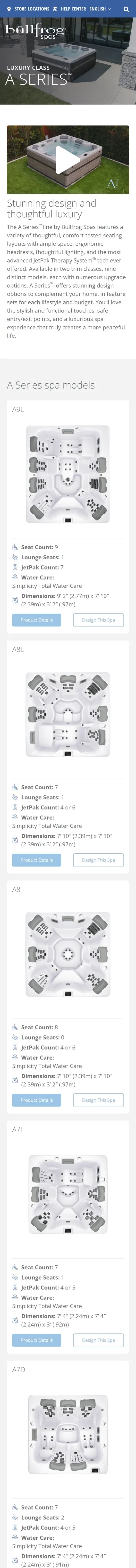 Bullfrog Spas website on mobile