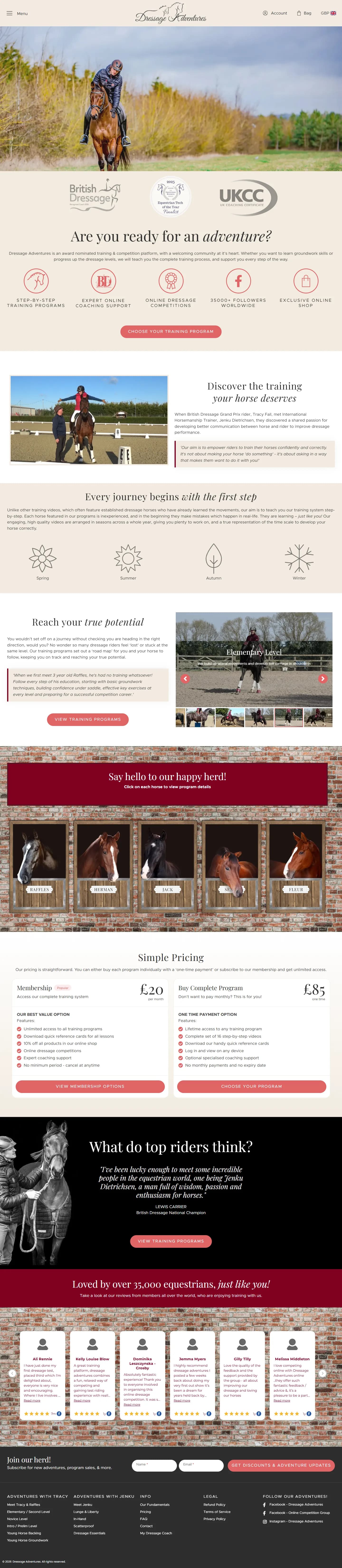 Dressage Adventures website, full page