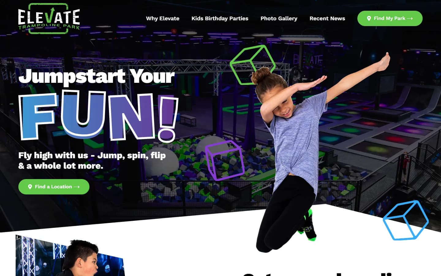 Elevate Trampoline Park website after the Fluid22 redesign