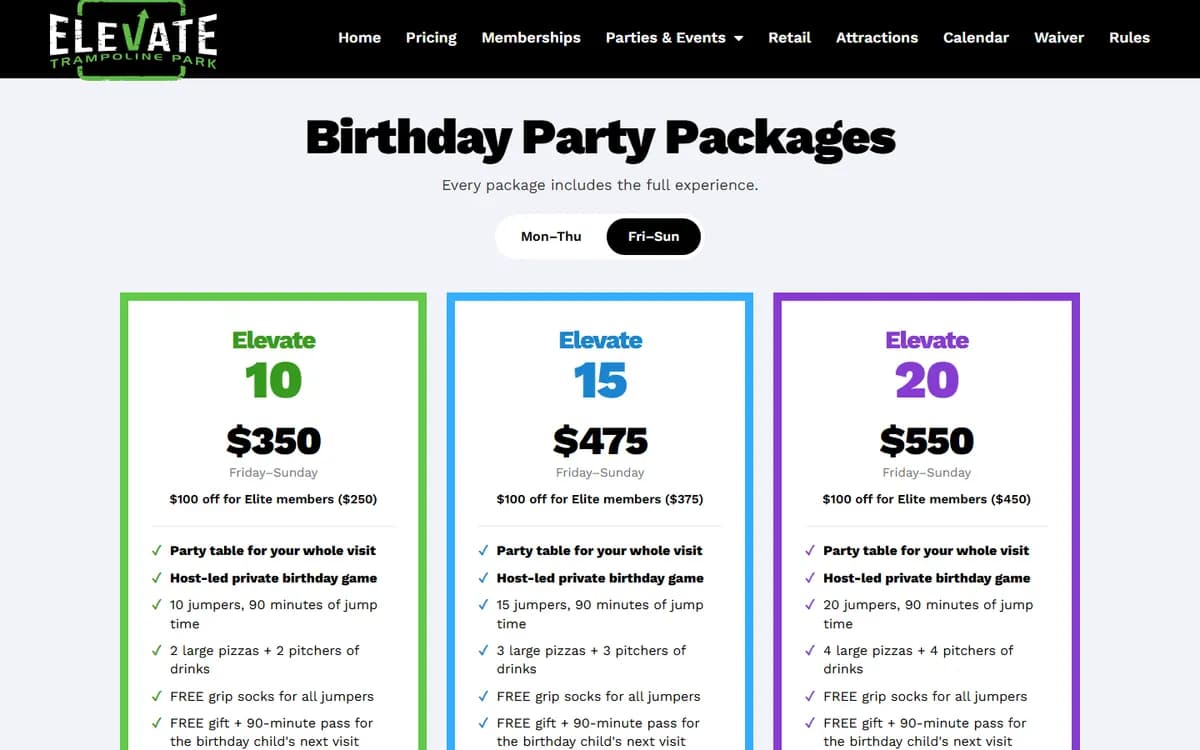 Elevate Trampoline Park: Birthday party packages