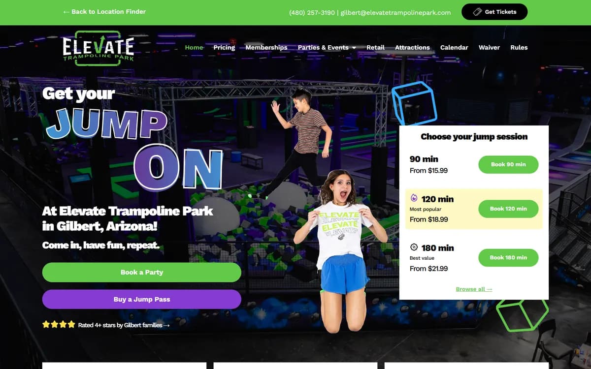 Elevate Trampoline Park: A home page for every park