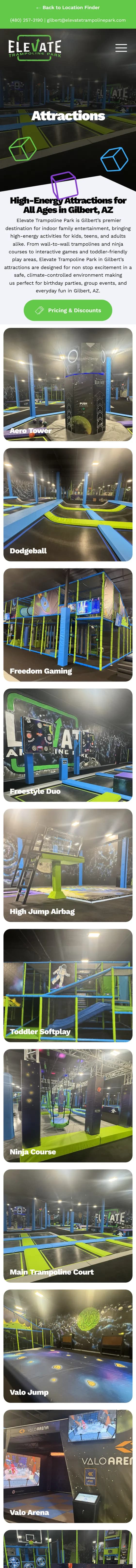 Elevate Trampoline Park website on mobile
