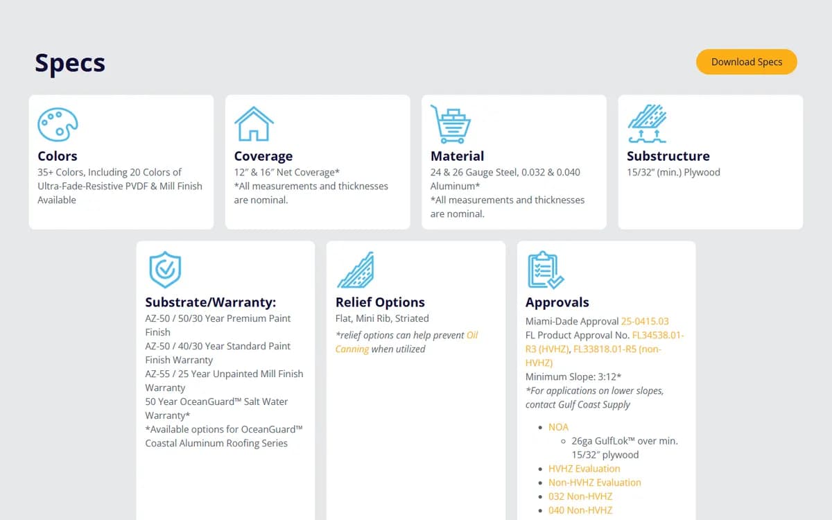 Gulf Coast Supply & Manufacturing: Spec pages for every panel profile