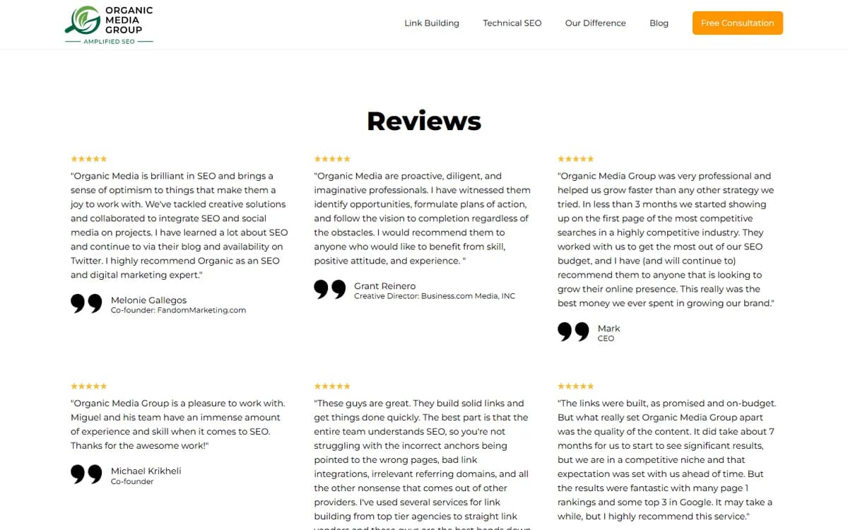 Organic Media Group: Client reviews front and center