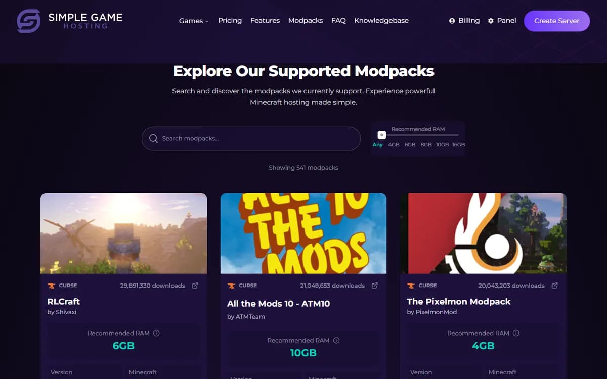 Simple Game Hosting: Searchable modpack library