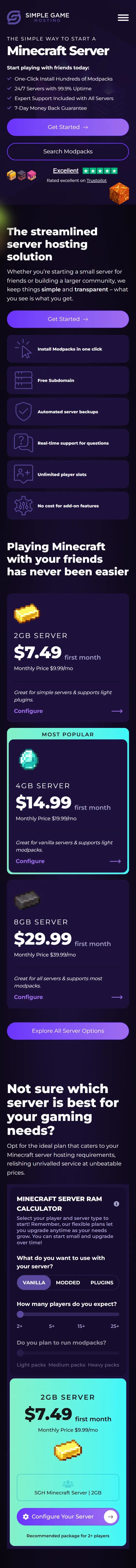 Simple Game Hosting website on mobile