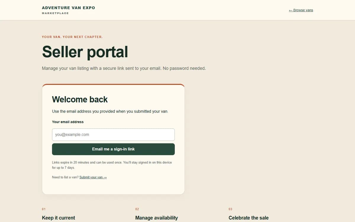 Adventure Van Expo: Password-free seller portal