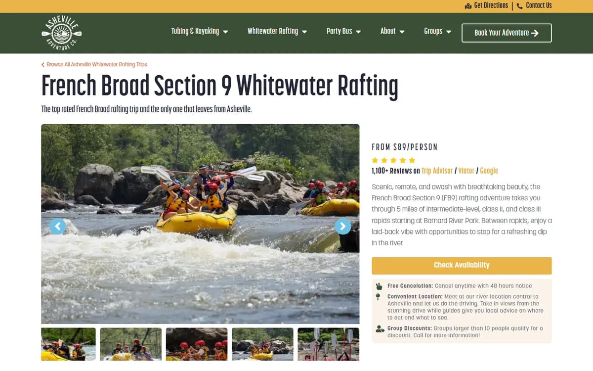 Asheville Adventure Company: Trip pages with built-in booking