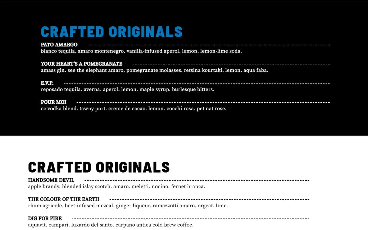 Crafted Copper: Cocktail and food menus