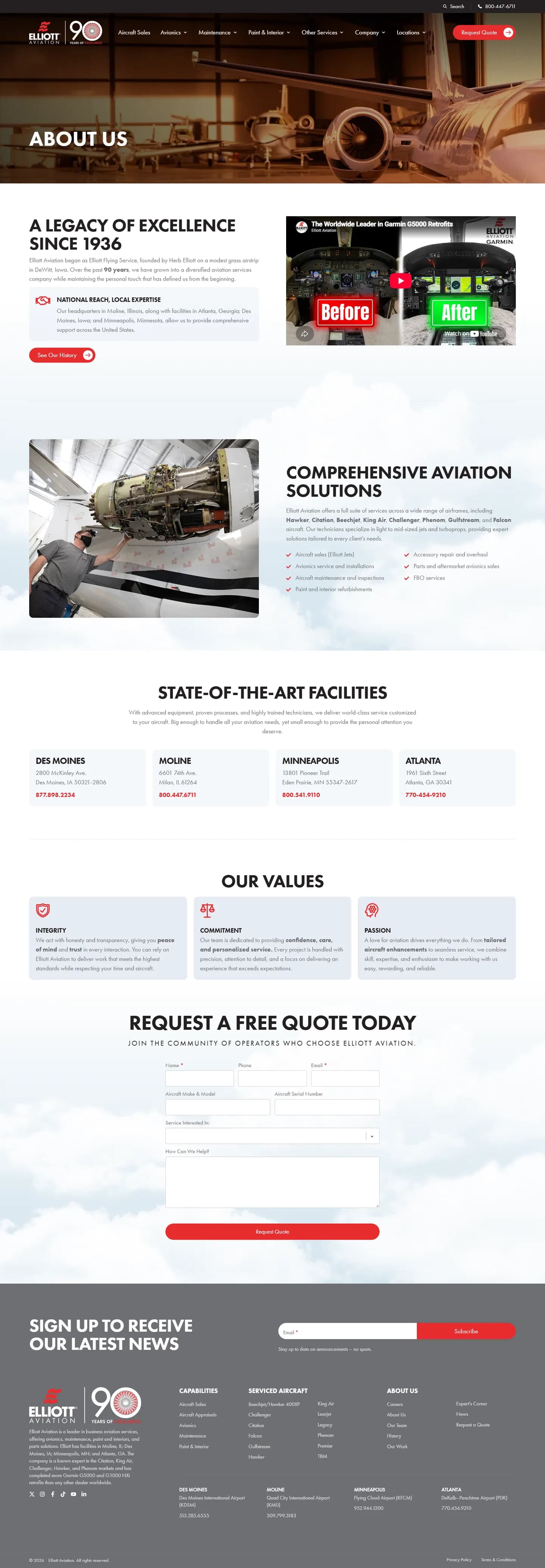 Elliott Aviation website, inner page