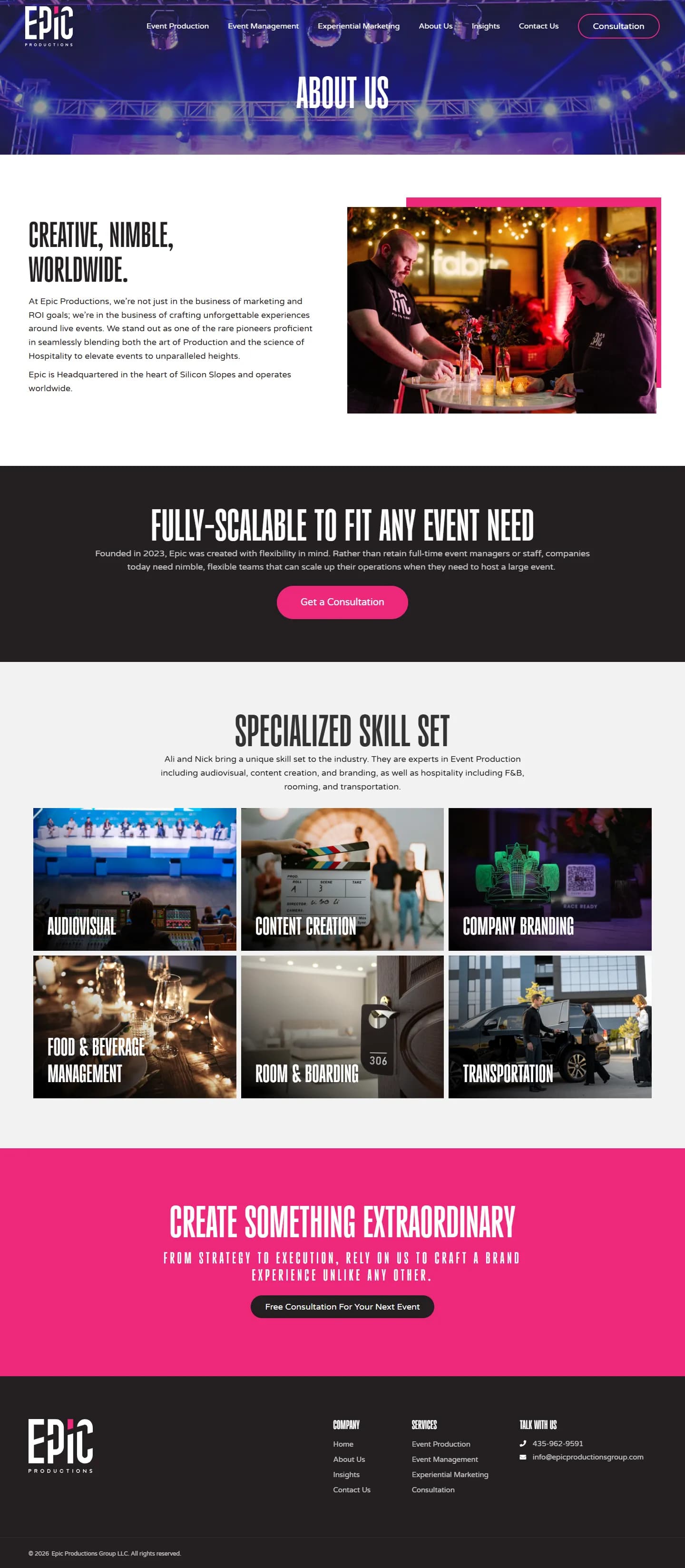 Epic Productions Group website, inner page