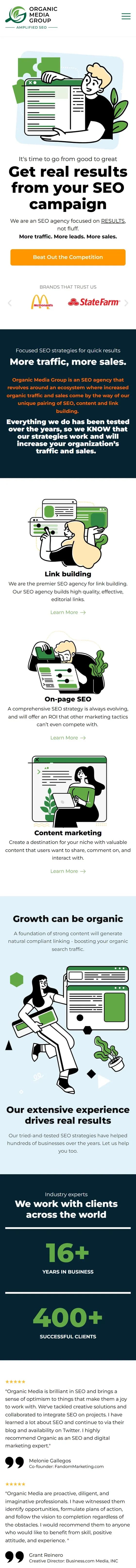 Organic Media Group website on mobile