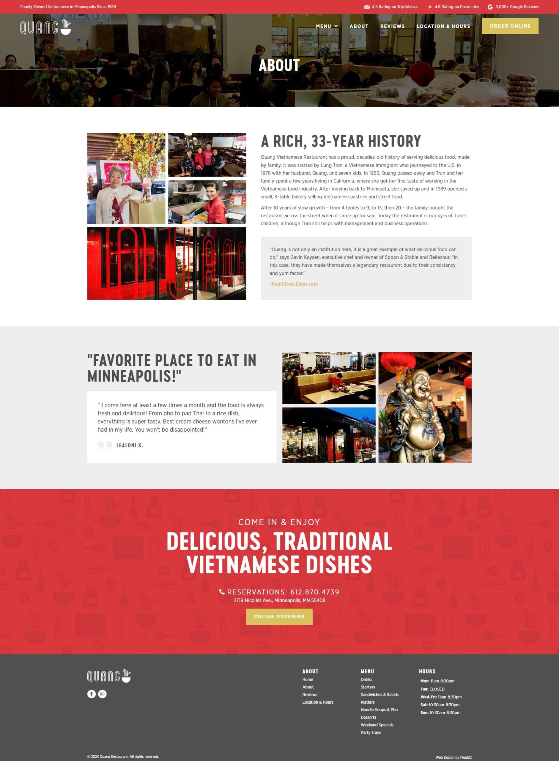 Quang Restaurant website, inner page